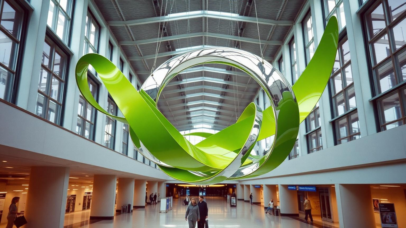 Minimalist lime green art installation glowing in a bright airport terminal