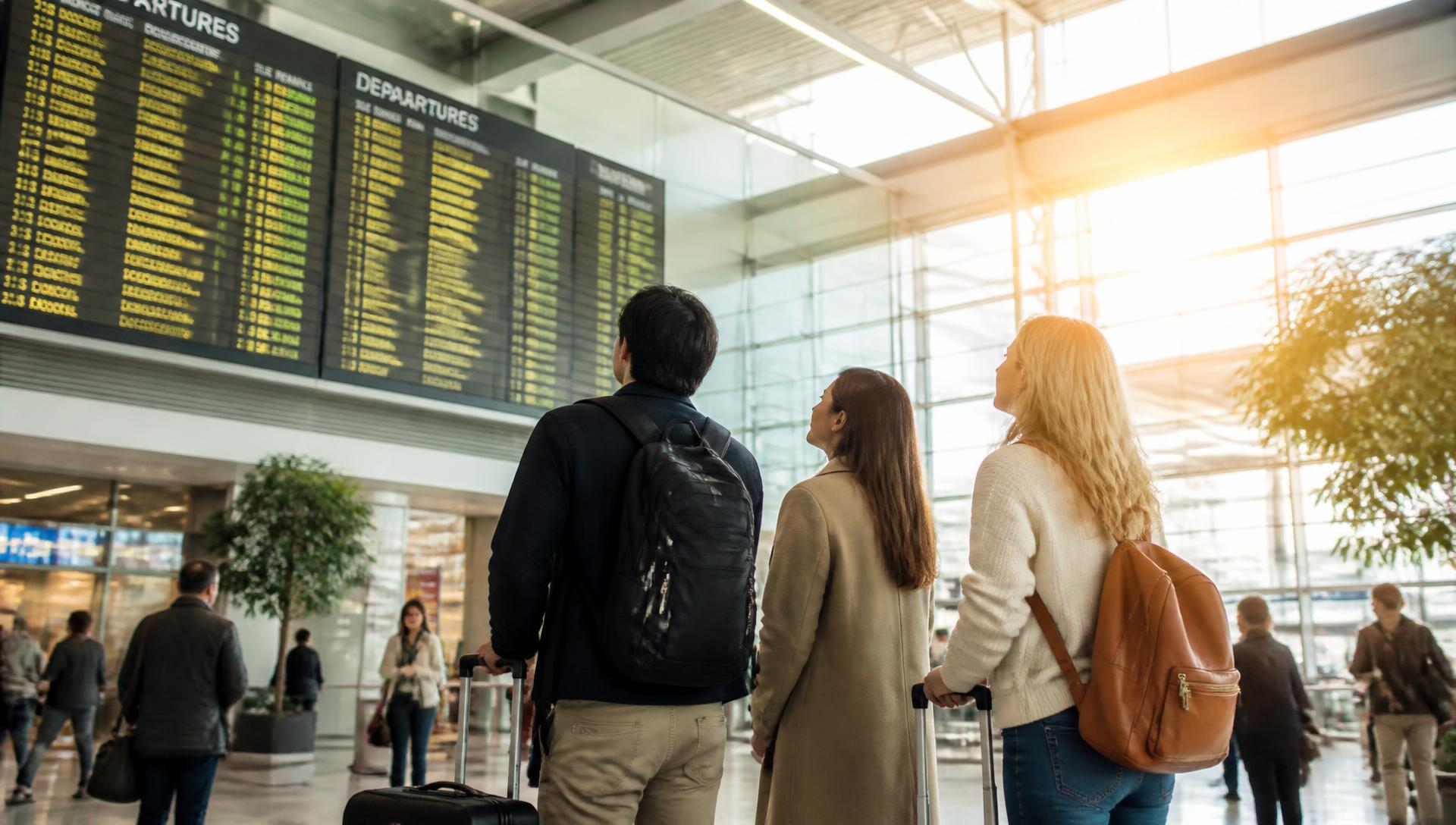 Travelers looking up at a sunlit airport departure board
